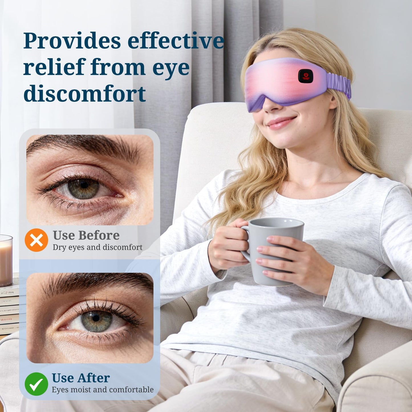 100% Silk Wireless Heated Eye Mask with Cooling, Relieves Dry Eye Syndrome and Puffy, Reduces Dark Circles, Adjustable Velcro Design and Washable Cover, Suitable for Travel & Gifts-Purple.