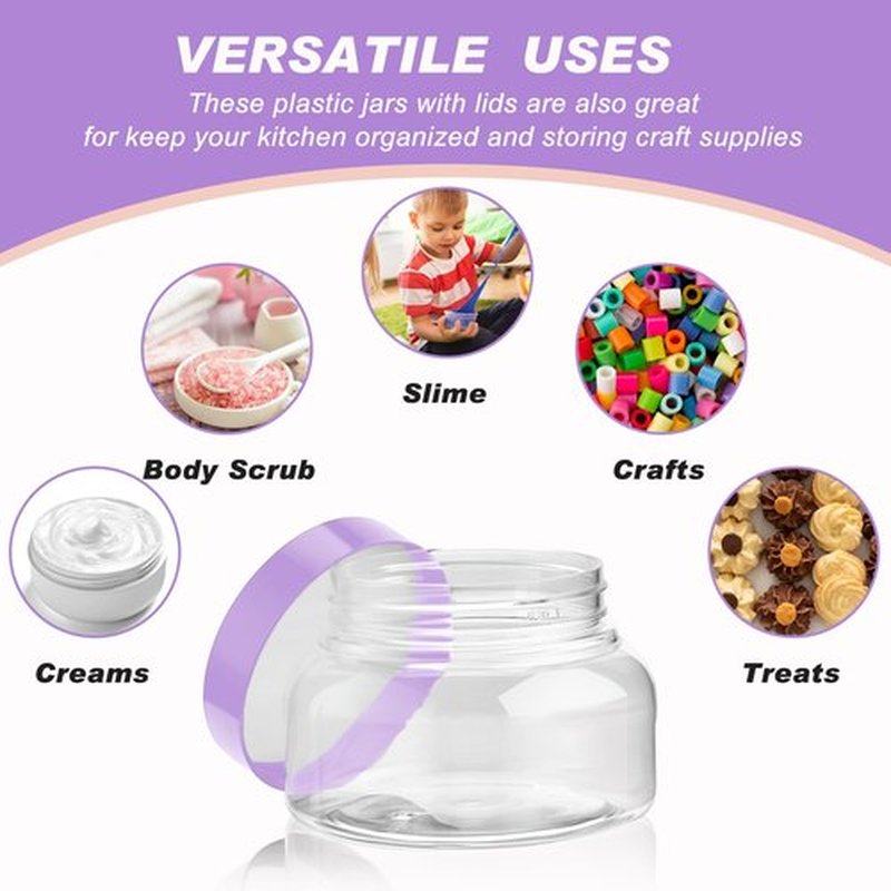 Tessco 24 Pack Plastic Jars with Lids Labels Plastic Containers Round Refillable Cosmetic Containers Empty Body Butter Jars Sugar Scrub Containers for Cosmetics (Purple,8 oz)