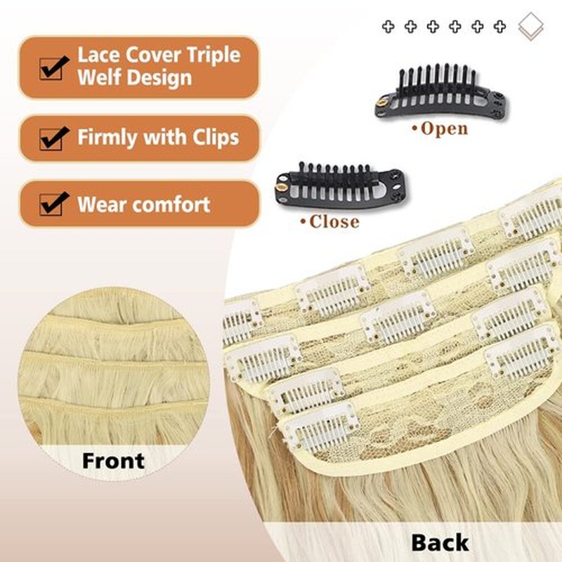 QGZ Clip in Long Wavy Hair Extensions Synthetic 4 PCS Thick Hairpieces for Women 20 Inch Long Fiber Hair Extension for Daily Party Use (Light Blonde Highlighted Orangey Blonde)