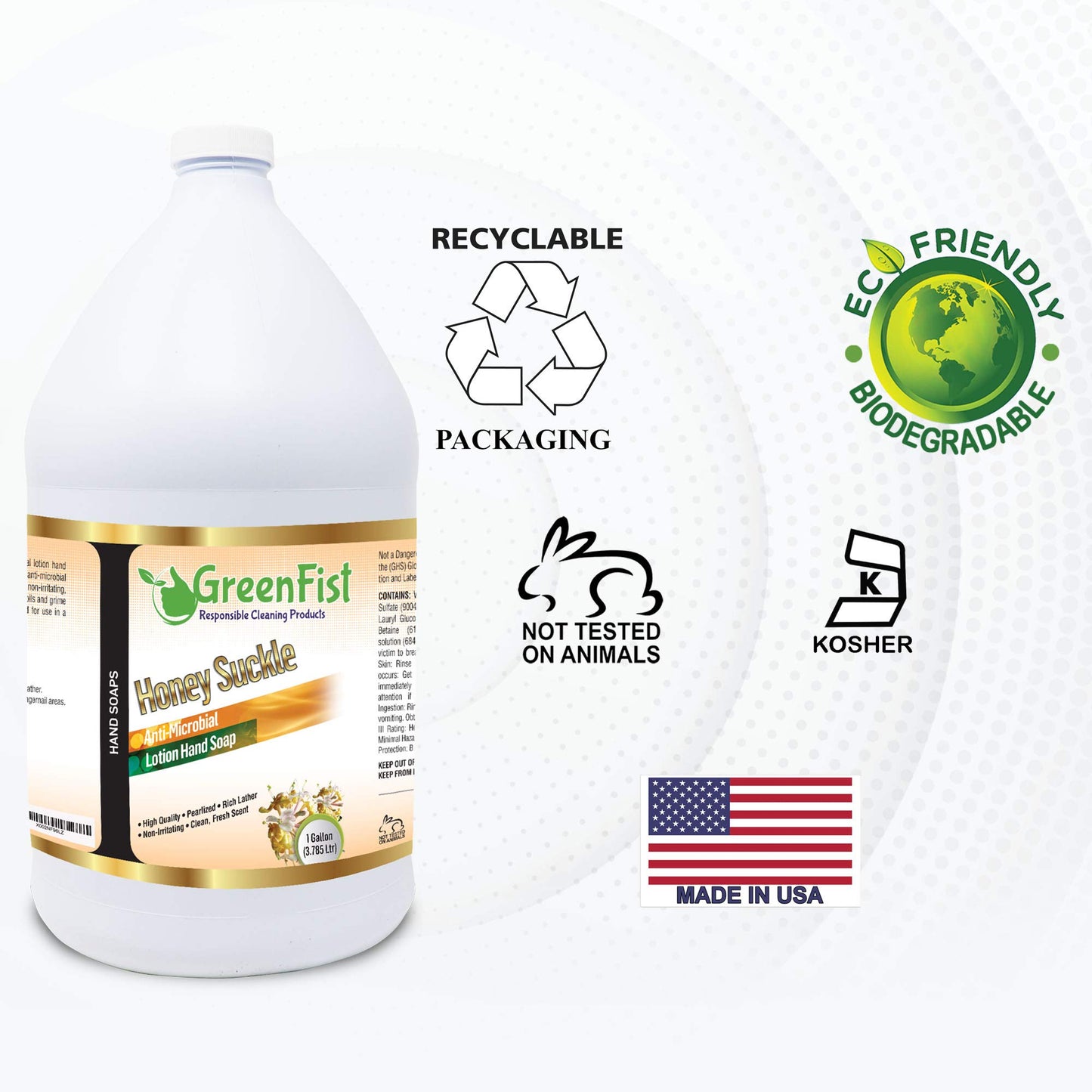 GreenFist Lotionized Hand Soap [ Liquid Gel Refill ] Made in USA, 128 Ounce (1 Gallon) (Honey Suckle)