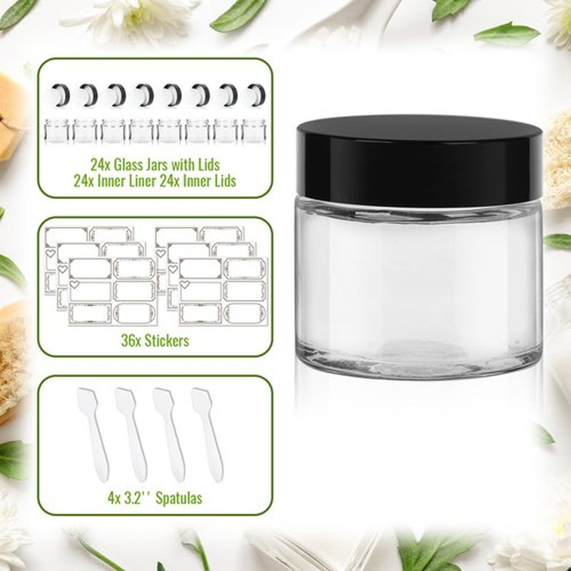 Jaisie.W 2 oz Glass Jars with Lids 24Pack- Portable Small Glass Jars with Lids 2 oz,Empty Cosmetic Jars for Lotions,Scrubs(2fl. oz, Set of 24)
