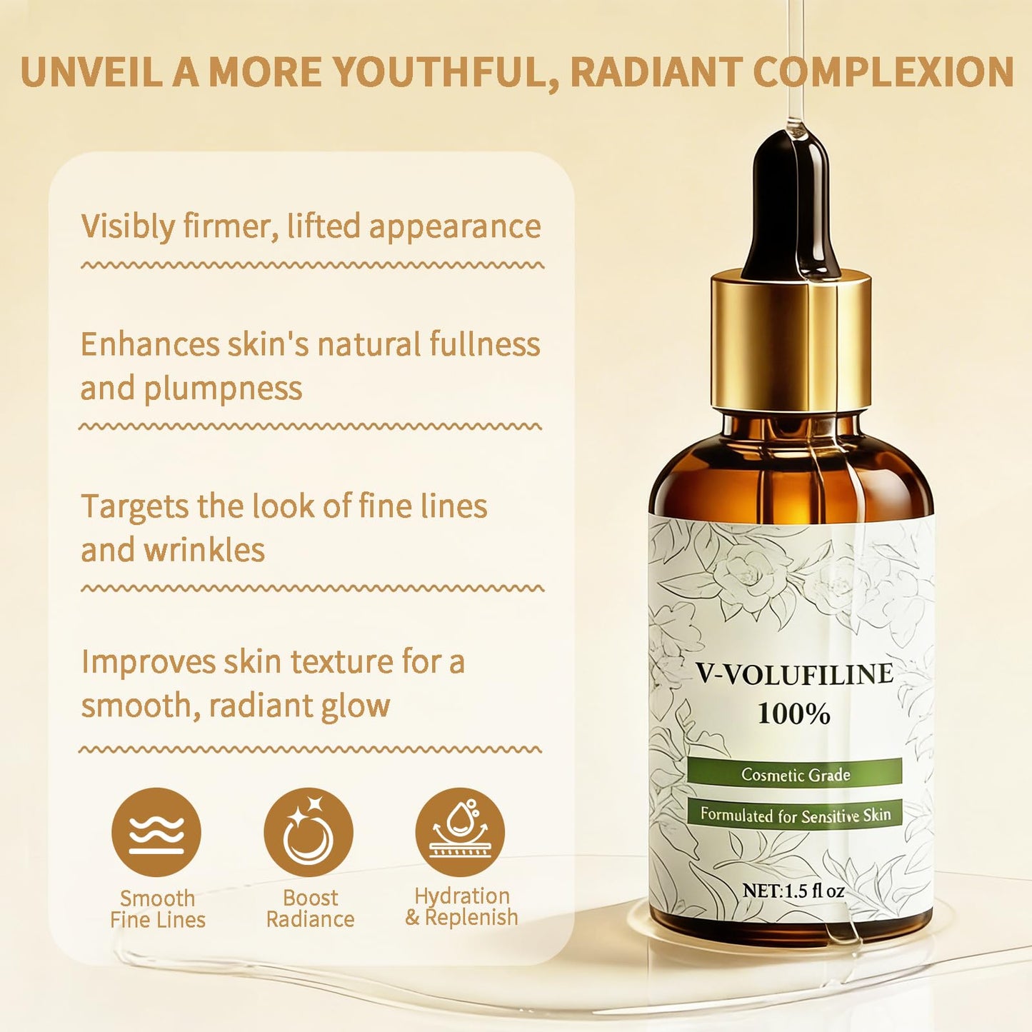 Volufiline Serum - 30ml Volufiline 100% for Face Under Eye Area with GHK-Cu Peptides Camellia Plant Essence Skin Care Booster for Elasticity Hydration Contouring Firming Essence for Sensitive Skin