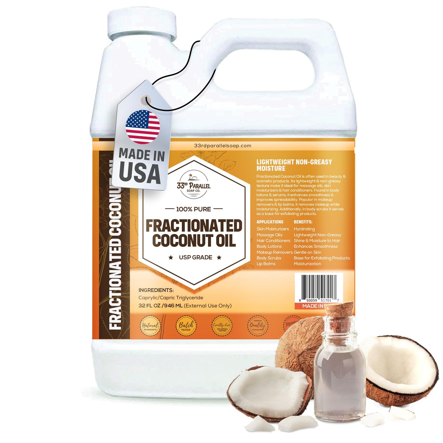 Organic Fractionated Coconut Oil (32 oz) USP Grade Non-GMO; Cold Pressed | 100% Pure Fractionated Coconut Oil for Skin, Face, Hair, Soap Making | Ideal Carrier for Essential Oils | 32 FL OZ