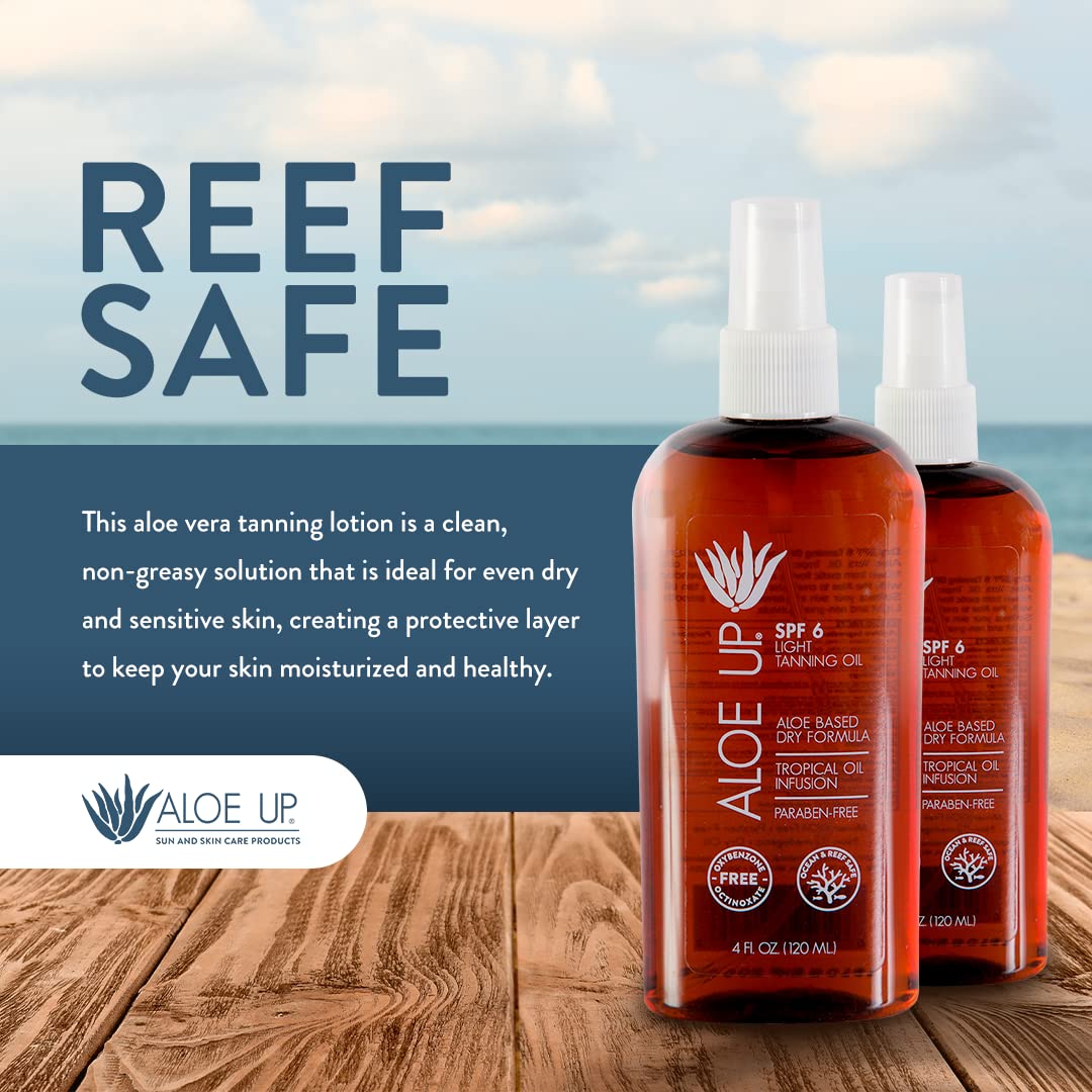 Aloe Up Light Tanning Oil With SPF 6 Sunscreen - Body and Face Tanning for Outdoor Sun - With Pure Aloe Vera Oil and Natural Oils - Absorbs Quickly - - Fresh Tropical Scent - 4 Oz