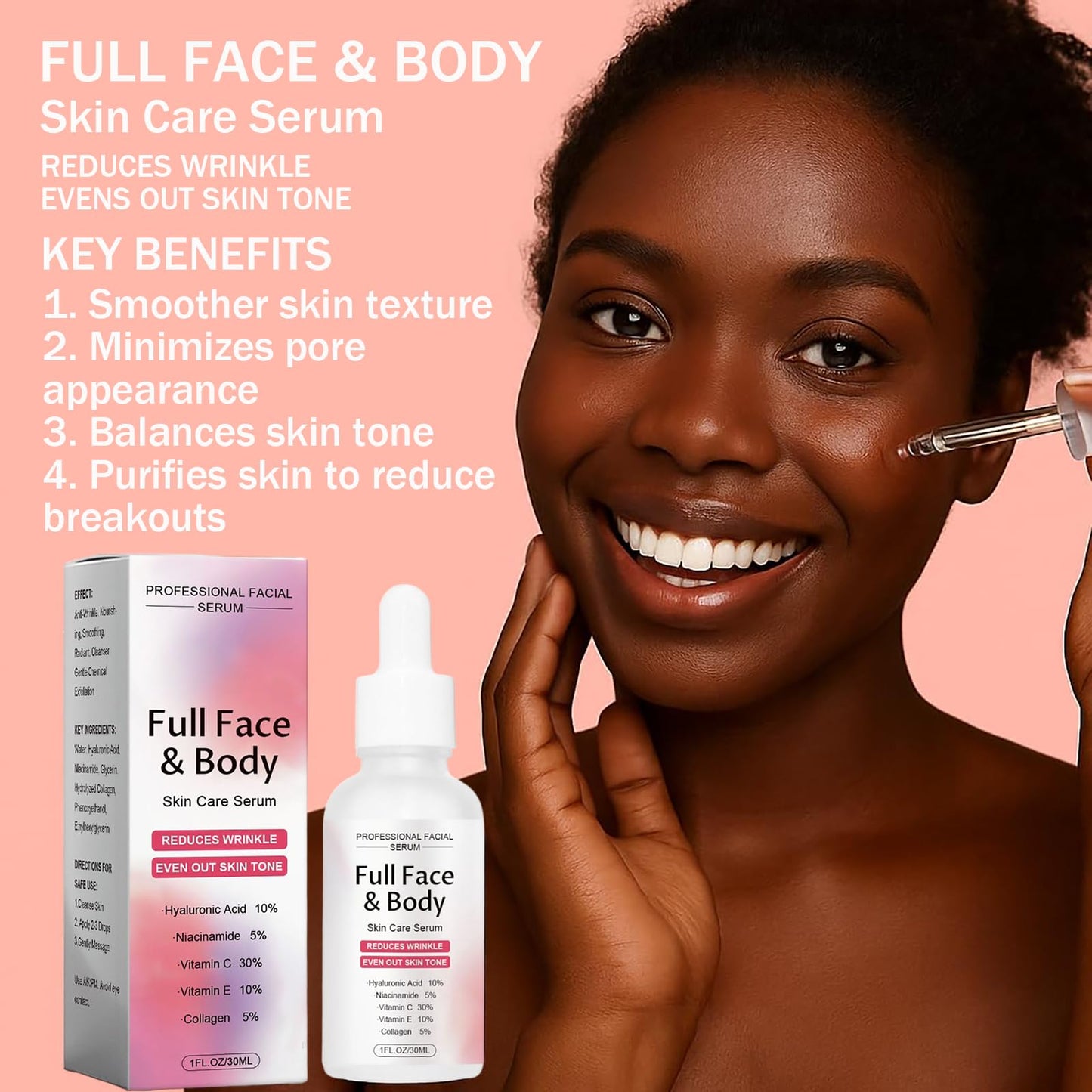 Finones Skin Vitamin Serum for Face & Body, 5 in 1 Anti Wrinkle Firming Serum, Anti-Aging Essence with Hyaluronic Acid, Collagen, Lifting Firming Essence, Hydrate Moisturize, Reduce Fine Lines