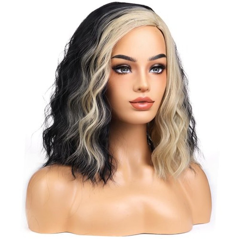 BERON Black and Blonde Wigs for Women Short Curly Wavy Hair Wig Girls Mixed Color Synthetic Costume Cosplay or Used Wig