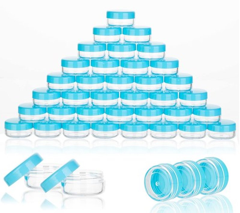 ZEJIA 3 Gram Sample Containers with Lids, 75Pack Tiny Sample Jars with Labels, Mini Plastic Cosmetic Containers for Beauty Products, Lip Balms, Lotion, Powder (Blue Lids)