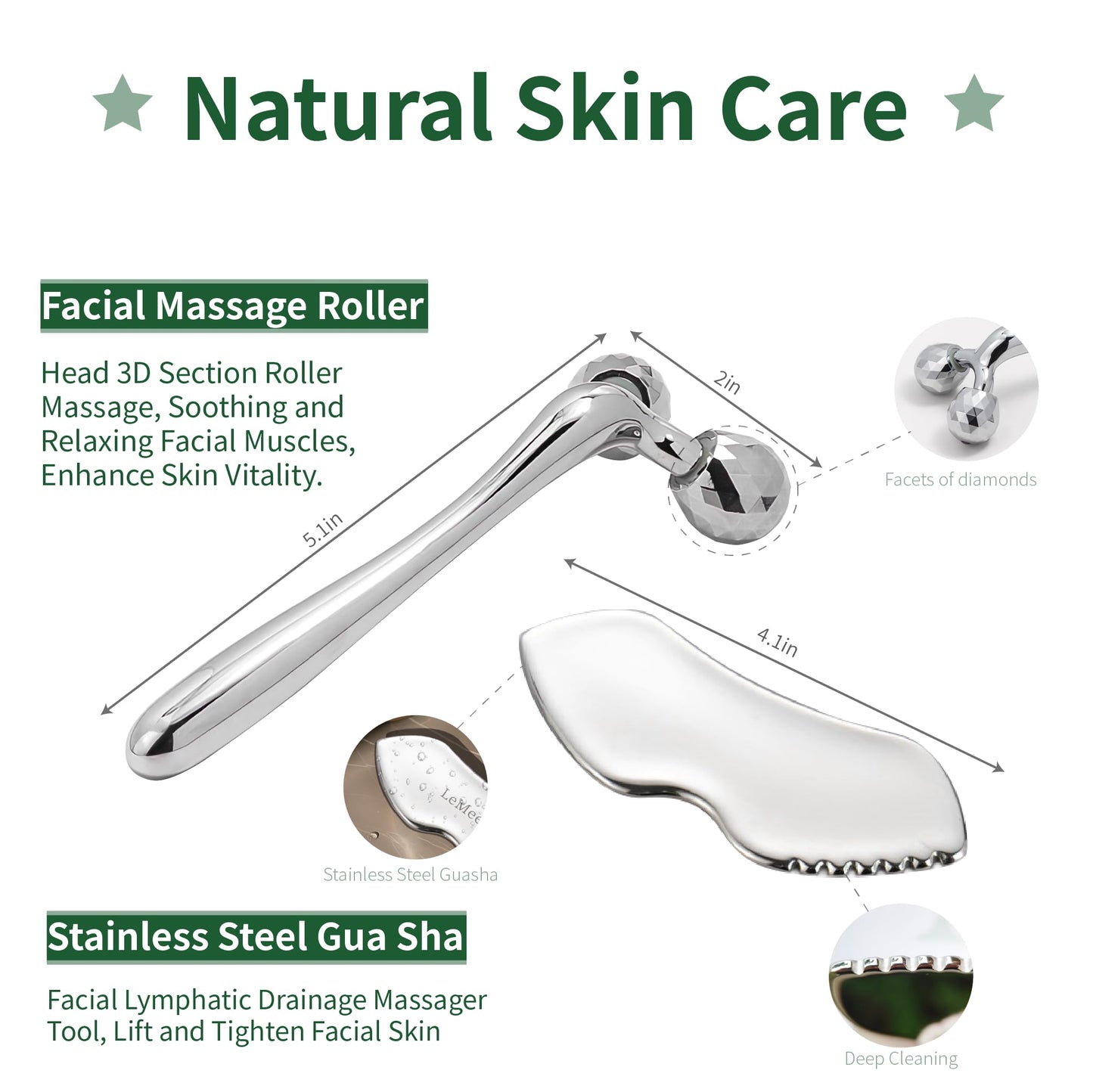LeMeeOly Stainless Steel Gua Sha Facial Tools Metal GuaSha Tool for Face Neck, Detailer Gua Sha Lymphatic Drainage Reduce Wrinkles Face Massage Tool, Gift for Women (Guasha & Face Roller)