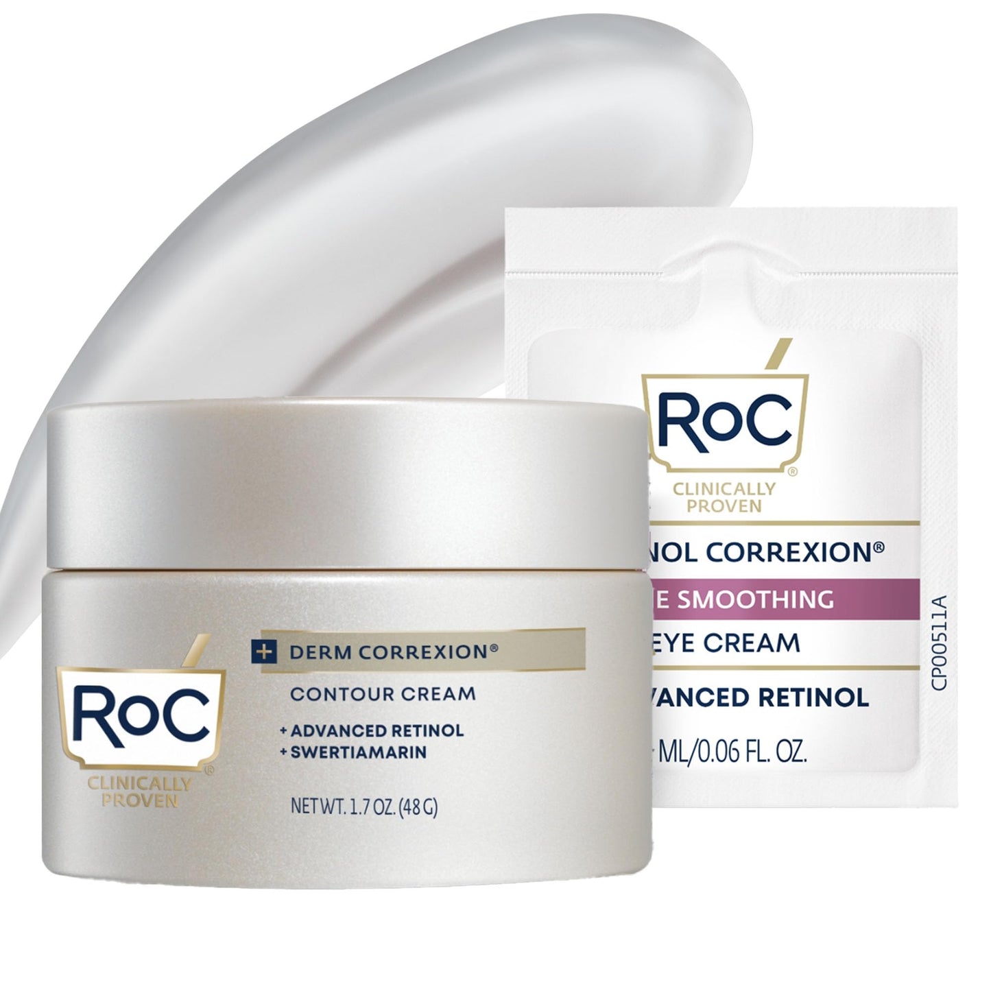 RoC Derm Correxion Neck Cream with Hyaluronic Acid + Advanced Retinol to visibly Tighten & Lift Horizontal Neck Lines, Facial Moisturizer to Contour Face (1.7 oz) with RoC Retinol Eye Packette
