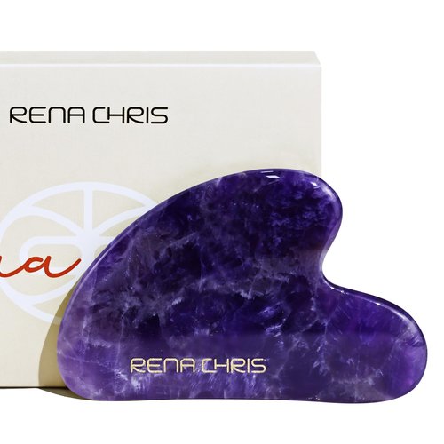 Rena Chris Gua Sha Facial Tools, Natural Jade Stone Guasha, Manual Massage Sticks for Jawline Sculpting and Puffiness Reducing, Scraping Massage Tool, Skin-Care Tool (Purple)