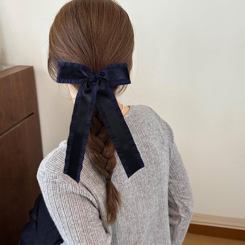 Big Silky Satin Hair Bows Hair Clip Navy Blue Ruffle Ribbon Ponytail Holder Decor Accessories with Long Tail Slides Metal Clips Hair Bow for Women Girls Toddlers Teens Kids 5.5 Inch