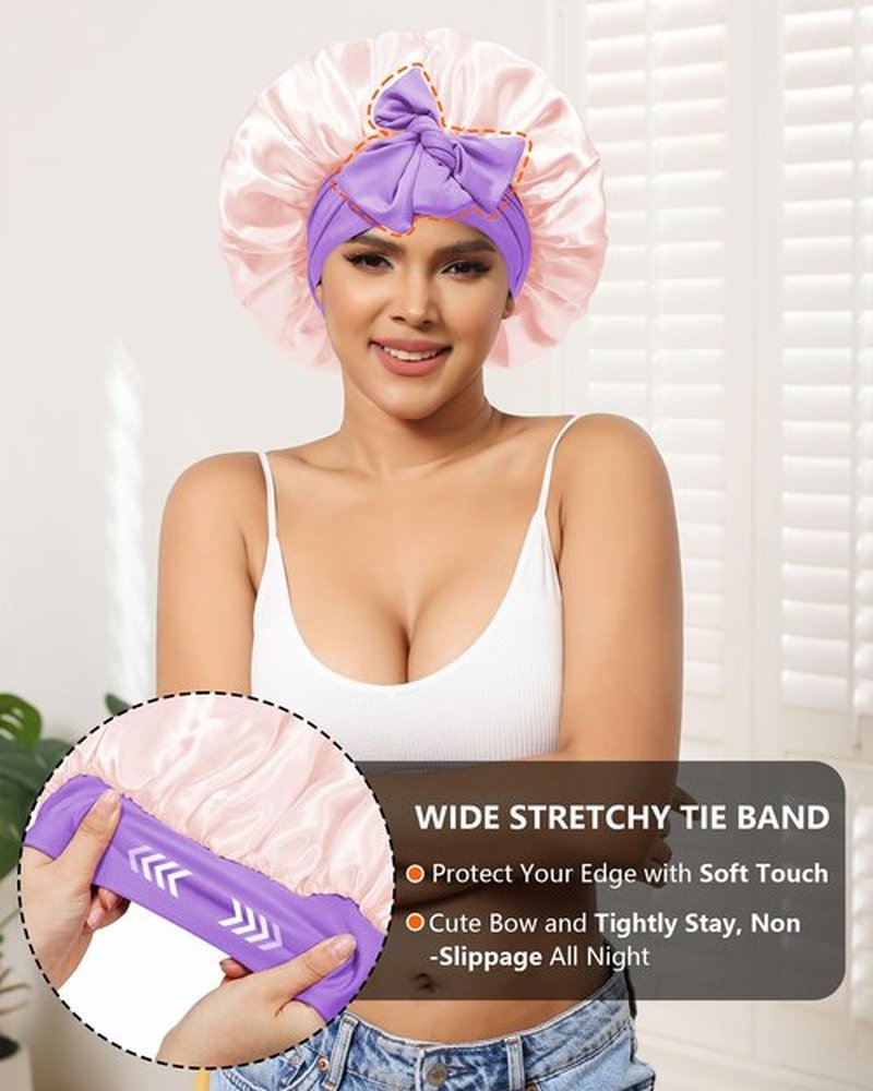 Satin Bonnet for Women Silk Bonnets for Sleeping Curly Hair Bonnet with Elastic Tie Band Reversible Double Layer Sleep Cap Hair Wrap (Pink + Purple)
