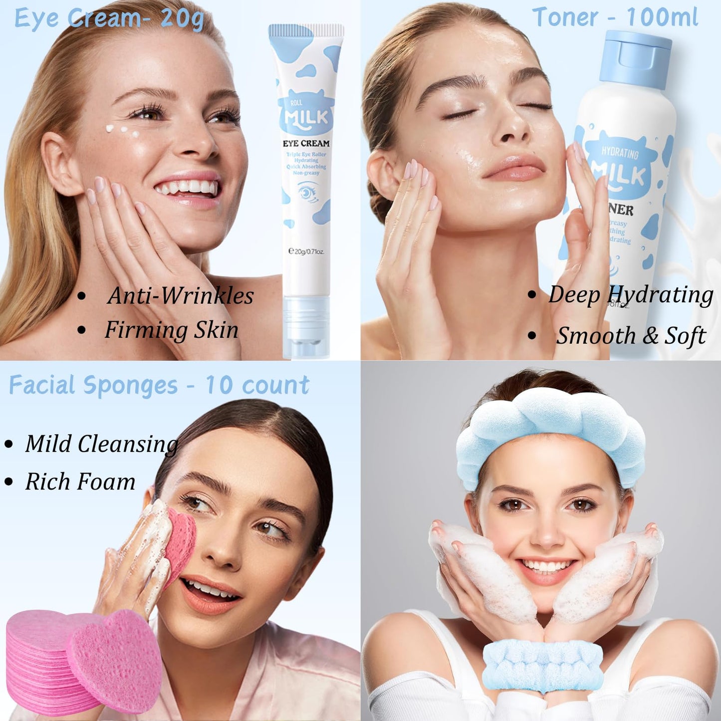 Milk Skin Care Kit Teenage Girls Gifts - 11PCS Skin Care Set Nourishing - Skin Care for Teens 10-12 - Smooth & Hydrating Skincare Gift Set - with Toner,Eye Cream,Serum,Facial Sponges,Headband