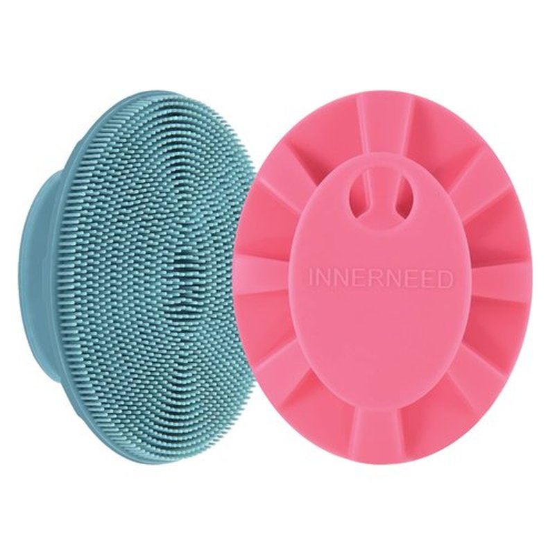 INNERNEED Silicone Face Scrubber, Exfoliating Brush Manual Handheld Facial Cleansing Brush Blackhead Remover, Food-Grade Soft Bristles (Dark Green+Pink)