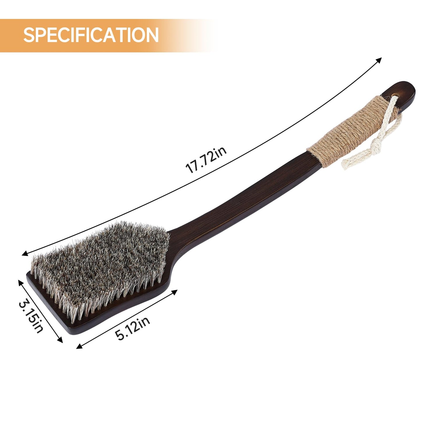 ENAMELEVO Back Scrubber Shower Brush,Dry Brushing Body Brush with 17.7 Inch Curved Long Handle, Natural Bristles for Lymphatic Drainage, Soft & Stiff Bristles Available (Natural Fiber, Stiff)