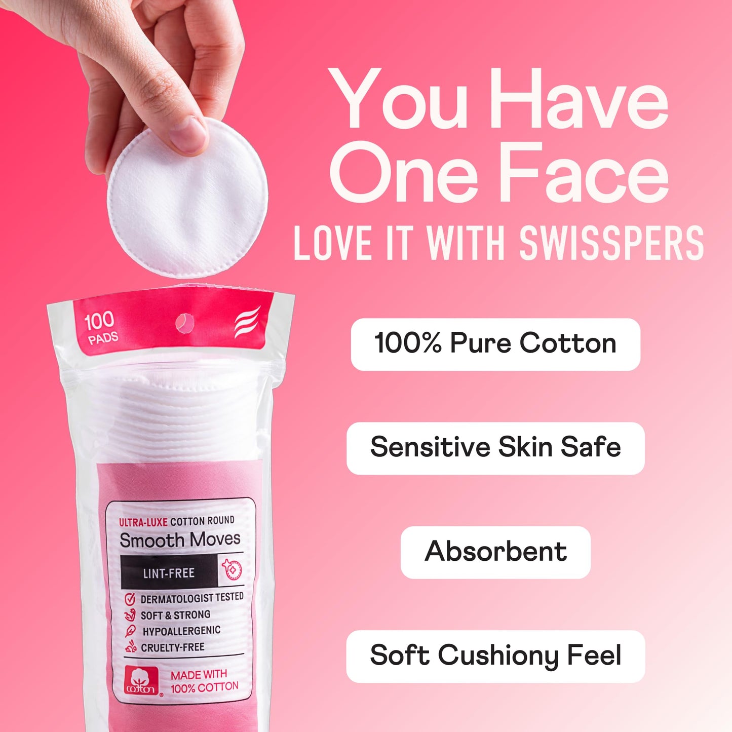 Swisspers Smooth Moves Ultra-Luxe Premium Cotton Rounds - 100 Count (Pack of 1) - Hypoallergenic Makeup Remover Pads for Sensitive Skin, USA Made, Vegan, Lint-Free, Paraben Free