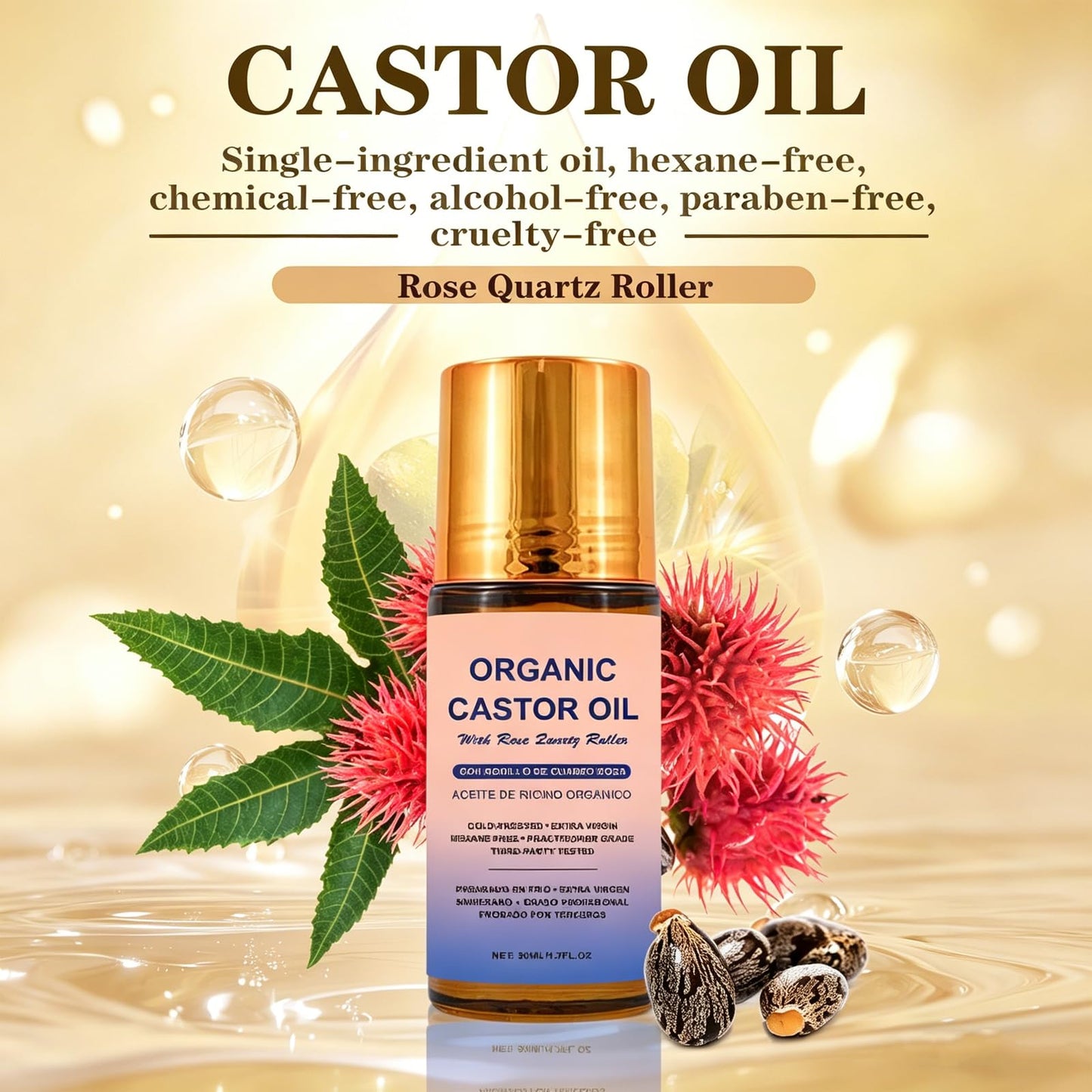 VOKOZK Organic Golden Castor Oil Roll-On with Rose Quartz Roller Ball - Hexane Free, 100% Pure Cold Pressed Glass Bottle, Moisturizing Skin for Lashes, Brows, Skin, Hair, 1.7 Fl Oz (1PCS)