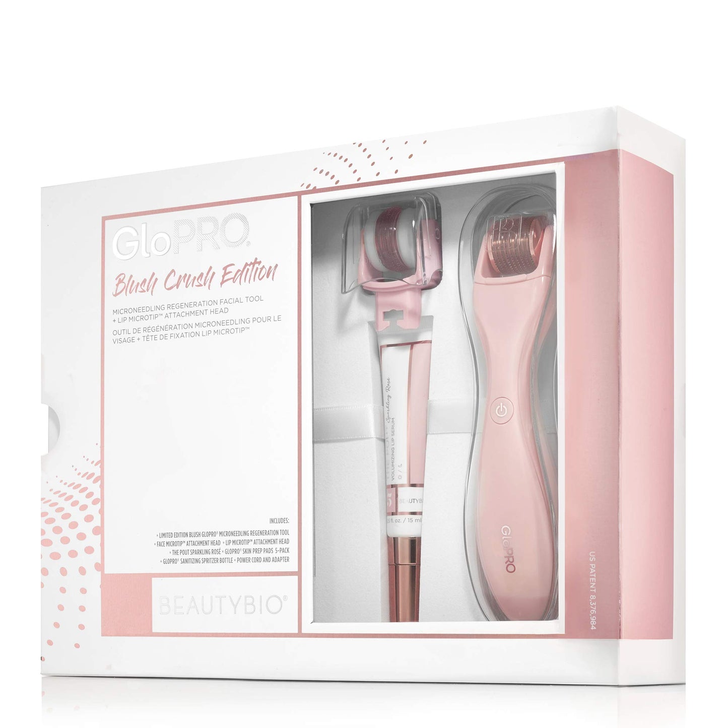 GloPRO BeautyBio Tool: Blush Crush Set. Face and Lip Microneedling Rejuvenation Tool plus The Pout Volumizing Lip Serum
