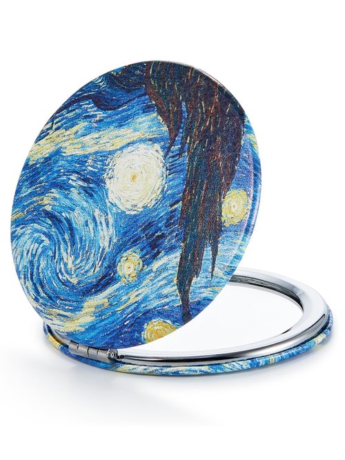 OMIRO 1X/10X(300R) Compact Magnifying Mirror, Unique Painting Pocket Mirror with Classical PU Leather (Round，Starry Night)