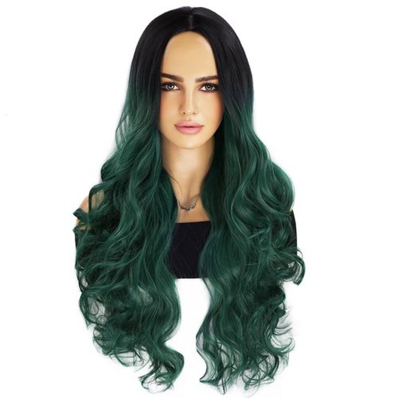 RightOn Green Wig Long Wavy Wigs for Women Ombre Dark Green Wigs Long Curly Wig Synthetic Wigs Dark Roots Green Hair for Cosplay Party and Halloween