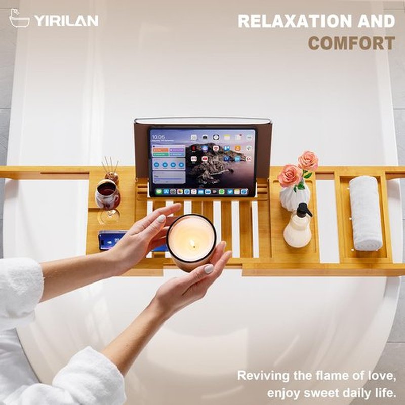 Yirilan Bamboo Bathtub Tray Caddy, Expandable Wooden Bathroom Tray, Luxury Bamboo Bathtub Tray, Bath Tub Table Caddy, Bamboo