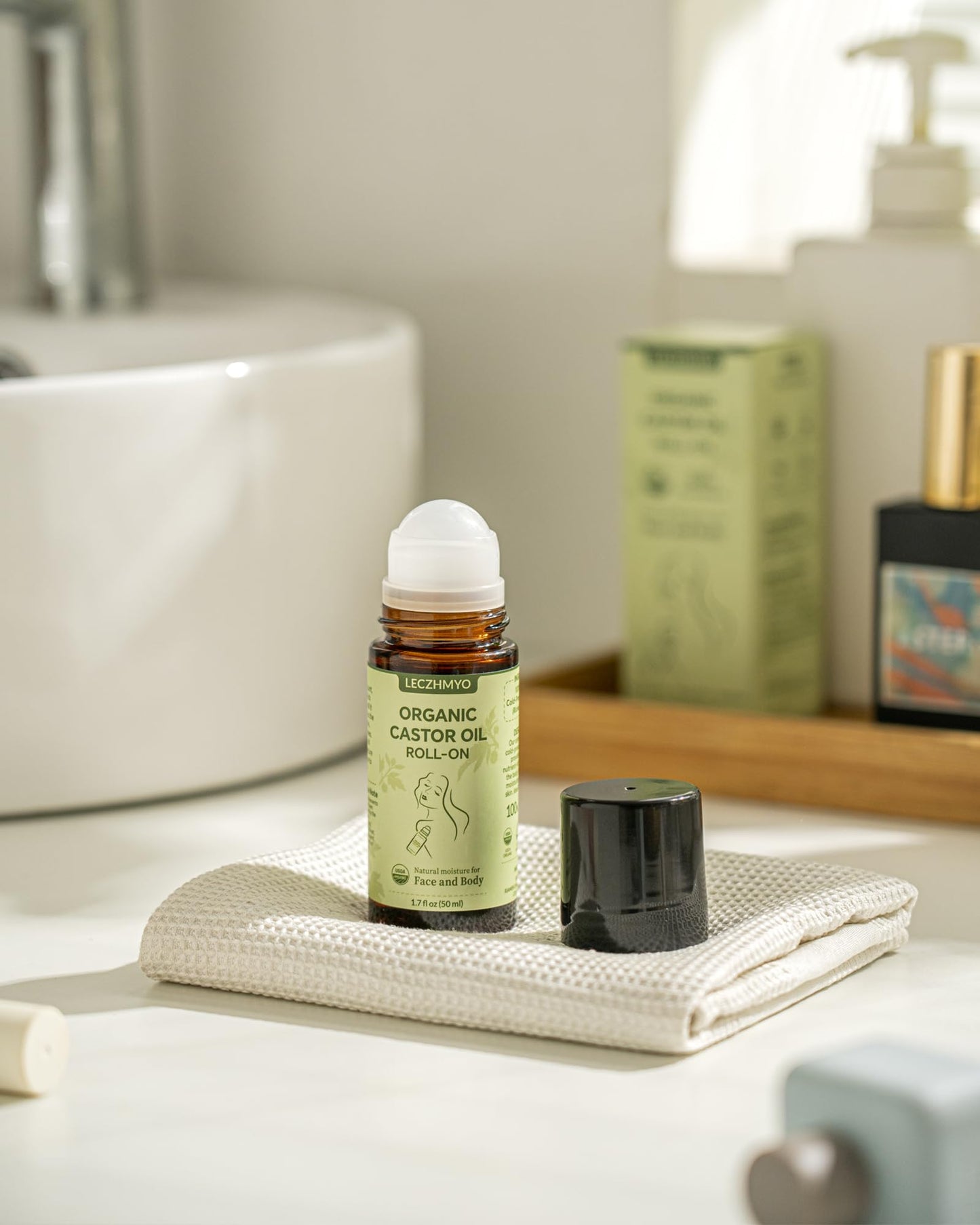 Castor Oil Roll on for Belly, Face, Body, Under Eyes –Certified Organic, Cold Pressed, Hexane Free, Unrefined – Glass Bottle Pure Roller Ball Castor Oil to Moisturize Skin - 1.7 fl. oz Large Size