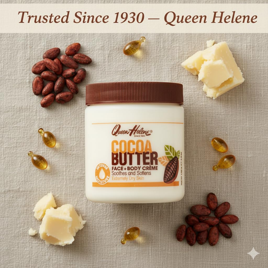 Queen Helene Cocoa Butter Face & Body Cream – Extra Rich Moisturizing Formula for Dry Skin | Softens, Smooths & Restores Radiance | 4.8 oz Jar (3 Pk)
