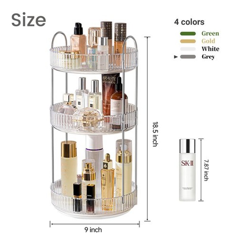 Aveniee 360 Rotating Makeup Organizer for Vanity, Skincare Make Up Organizers Large, Spinning Bathroom Counter Organizer Shelf Holder for Cosmetics, Skin Care, Lipsticks(3 Tiers, Grey)