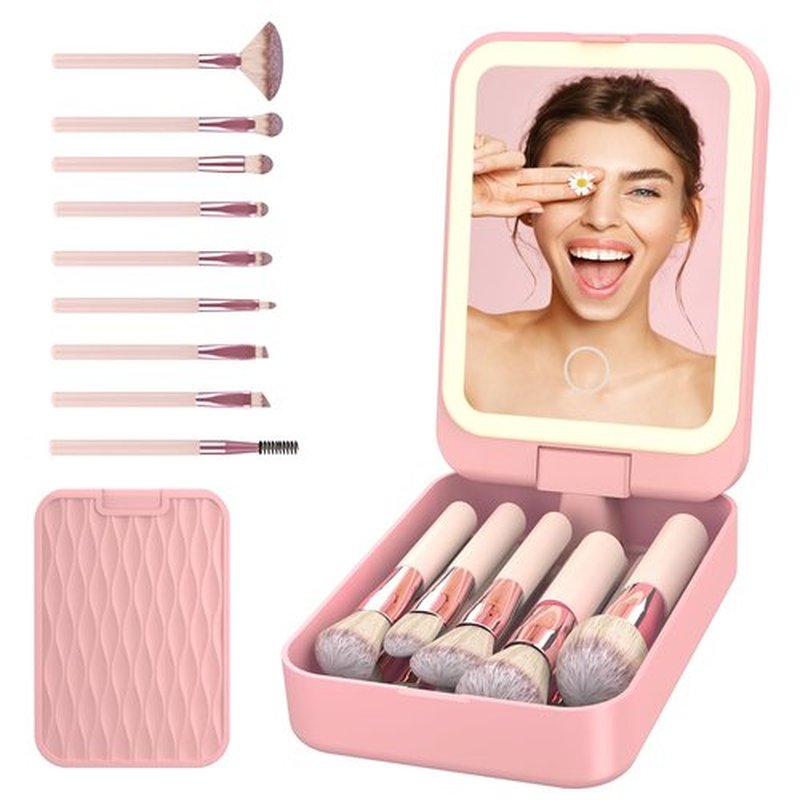 Birthday Gifts for Women-Travel Makeup Brush Set with LED Light Mirror, Travel Essentials for Women, Teen Girl Gifts Trendy Stuff, Bbridesmaid Gifts ideas