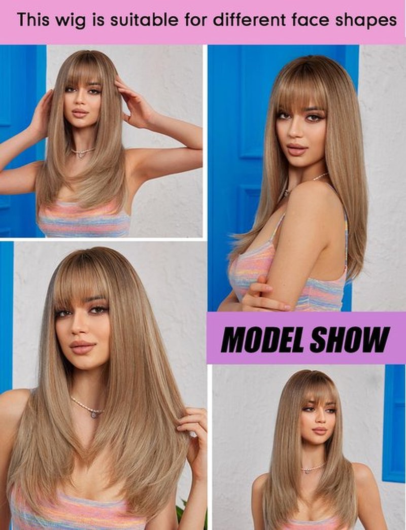 Getshow Ash Blonde Wigs for Women Layered Straight Long Wig with Bangs Natural Synthetic Hair with Dark Roots