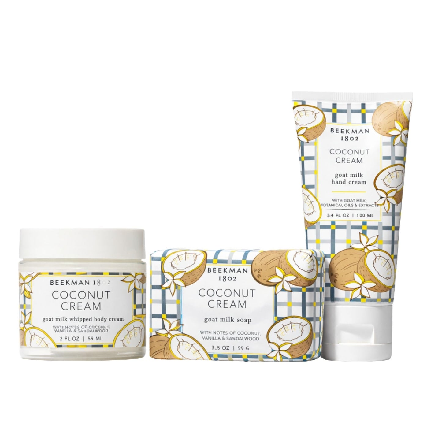Beekman 1802 Coconut Cream 3-Piece Body Care Sampler Set – Goat Milk Skincare Mini Set with Body Cream, Hand Cream & Bar Soap – Travel Size Gift Set
