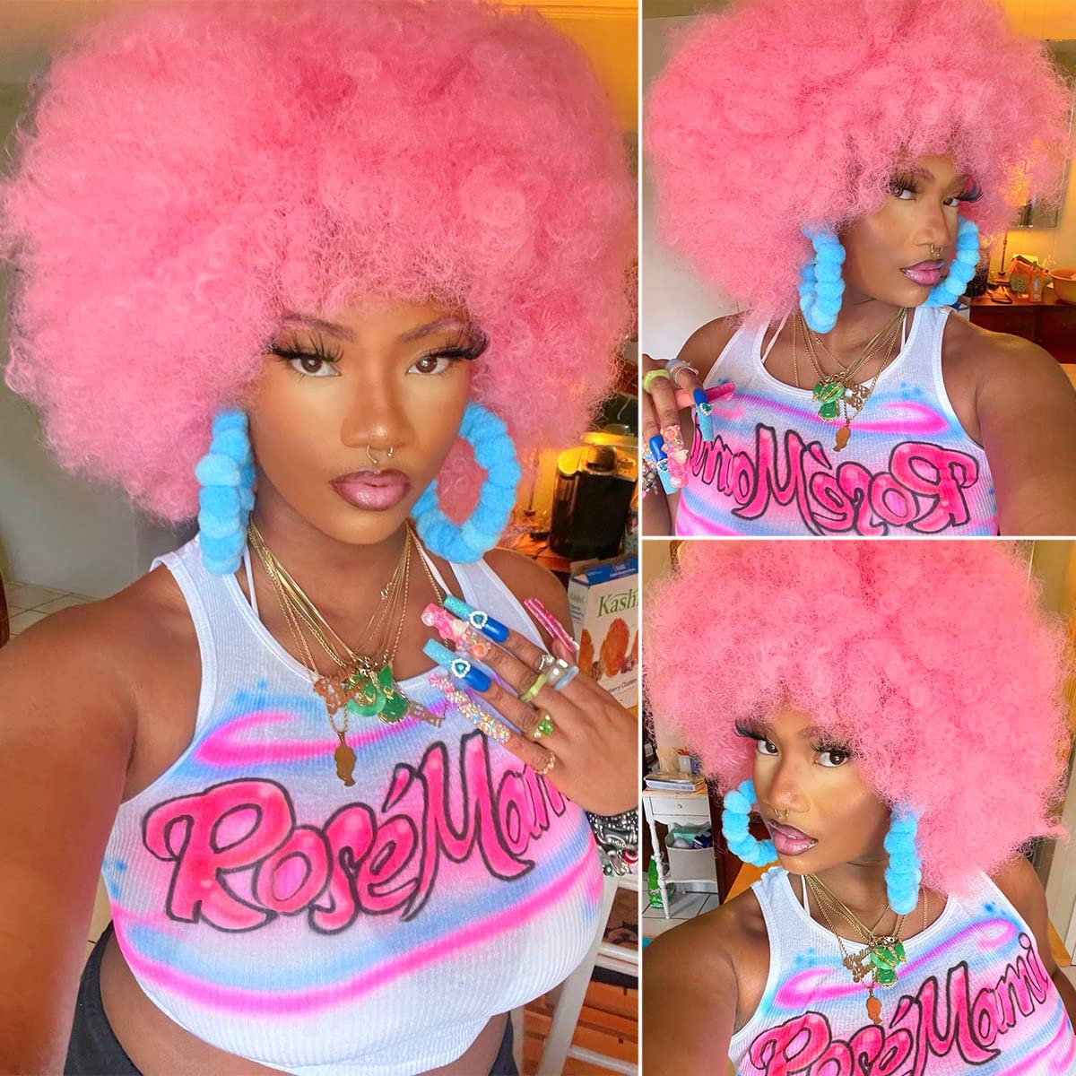 CURLCRAZY 70s Afro Wig with Bangs Short Afro Kinky Curly Wig for Black Women Large Bouncy and Soft Natural Looking Halloween Party Christmas Cosplay Wigs (Pink)