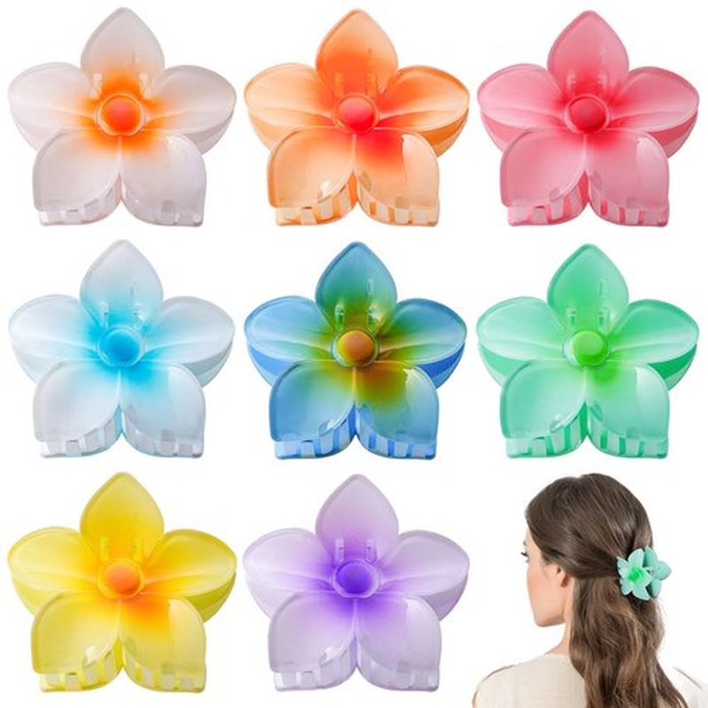 obeoby 8 Pcs Flower Claw Clips, Medium Hair Claw Clips for Thin Hair Hawaiian Flower Hair Clips Hibiscus Claw Clips Hair Accessories for Women Girls, Bright colors