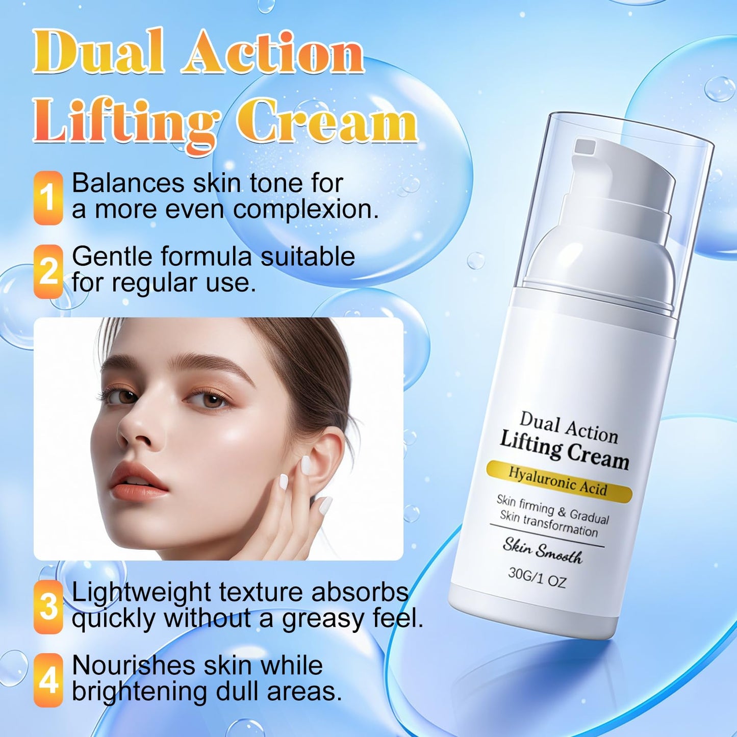 zardlect 2PCS Skin Dual Action Lifting Cream-Instant Firming with Peptides & Hyaluronic Acid, Hydrating Moisturizer, All Skin Types, 1.05oz