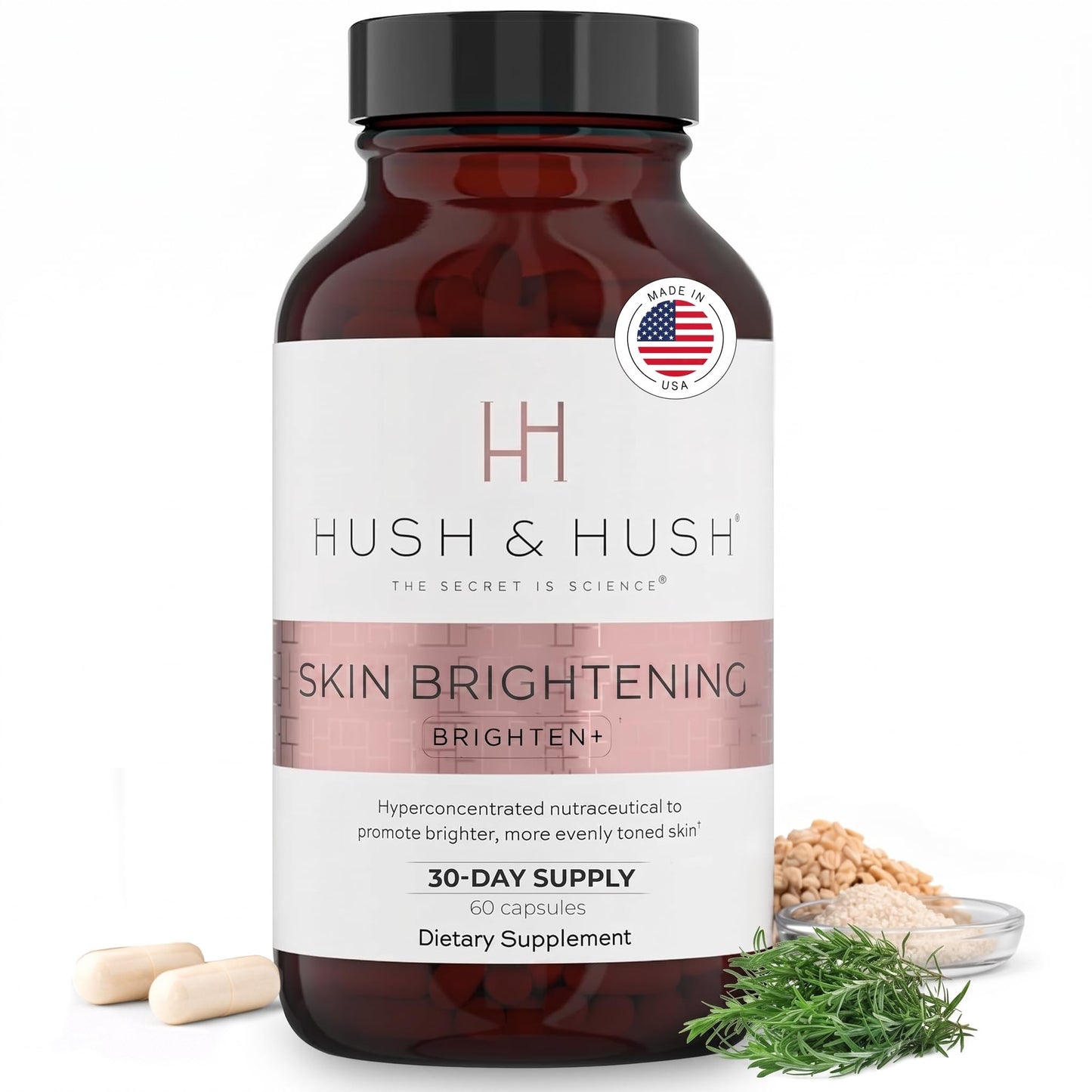 Hush & Hush Brighten+ Vitamin C Supplement for Even Skin Tone, with Saberry, Lutemax, Antioxidants & Botanical Extracts, Supports Radiant Looking Skin, Vegan Non-GMO, 60 Capsules