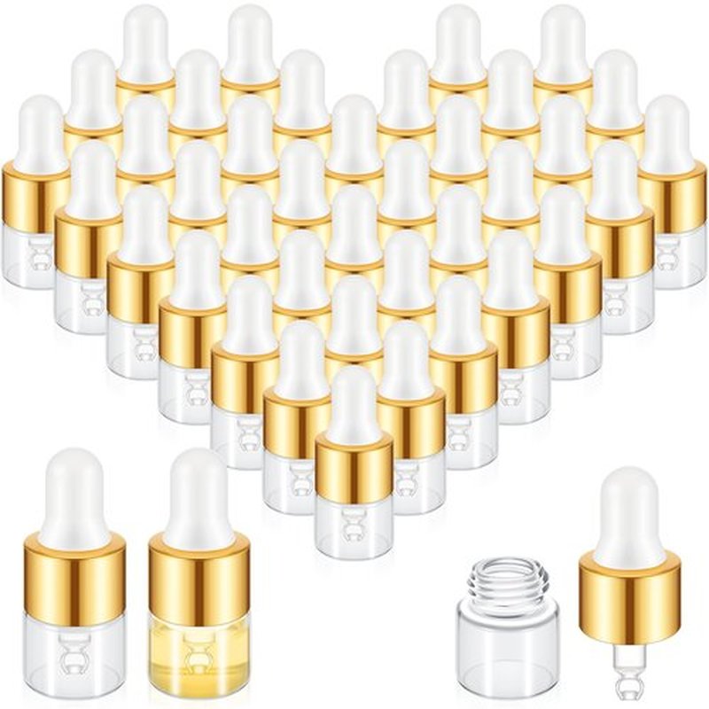 Didaey 100 Pcs Mini Glass Dropper Bottle Bulk, 1 ml Gold Clear Essential Oil Dropper Bottles Small Tincture Empty Bottles Sample Containers Perfume Liquid Vials with Cap for Traveling