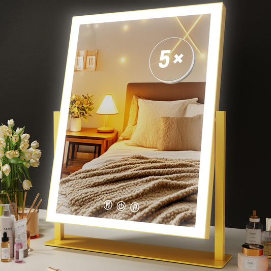 Gvnkvn Makeup Vanity Mirror with Lights 17.2" Large LED Lighted Mirror, Hollywood Make Up Mirror with Lighting, Smart Touch,Detachable 5X Magnification 360° Rotation, (Gold,Gift Box)