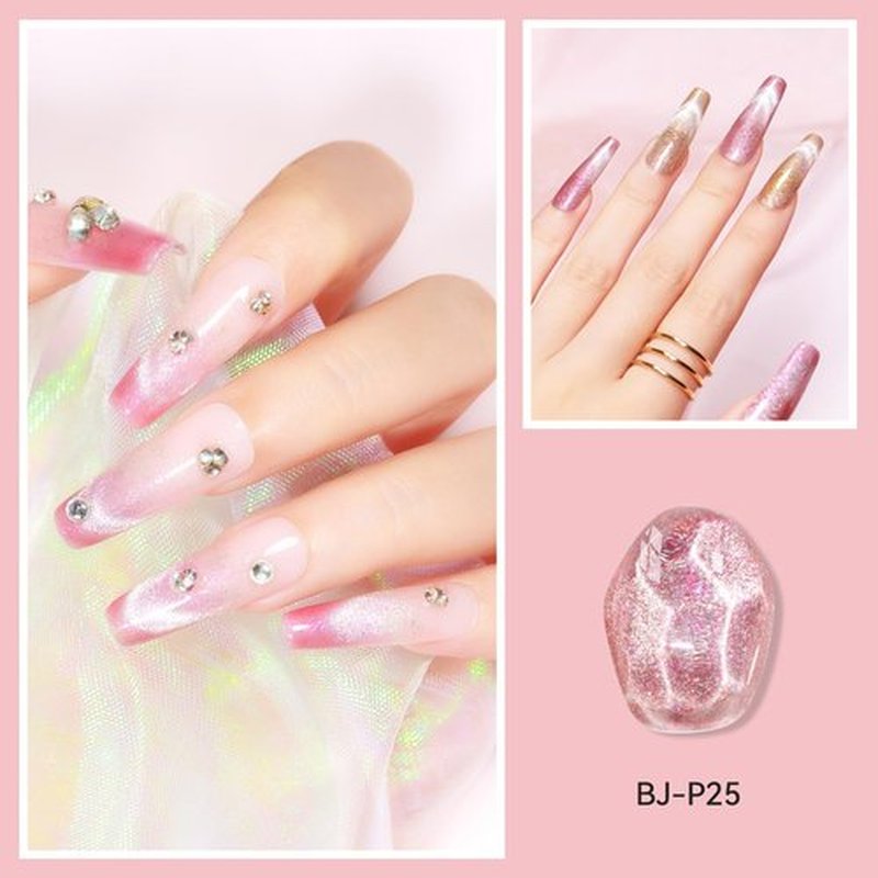 Bevimee Cat Eye Gel Nail Polish, 12ML Magnetic Pink Glitter Cateye Gel Polish Shimmer Crushed Ice Effect, 3 In 1 No Base/Top Coat Required - Soak Off UV Gel For Spring/Summer Nail Art Manicure