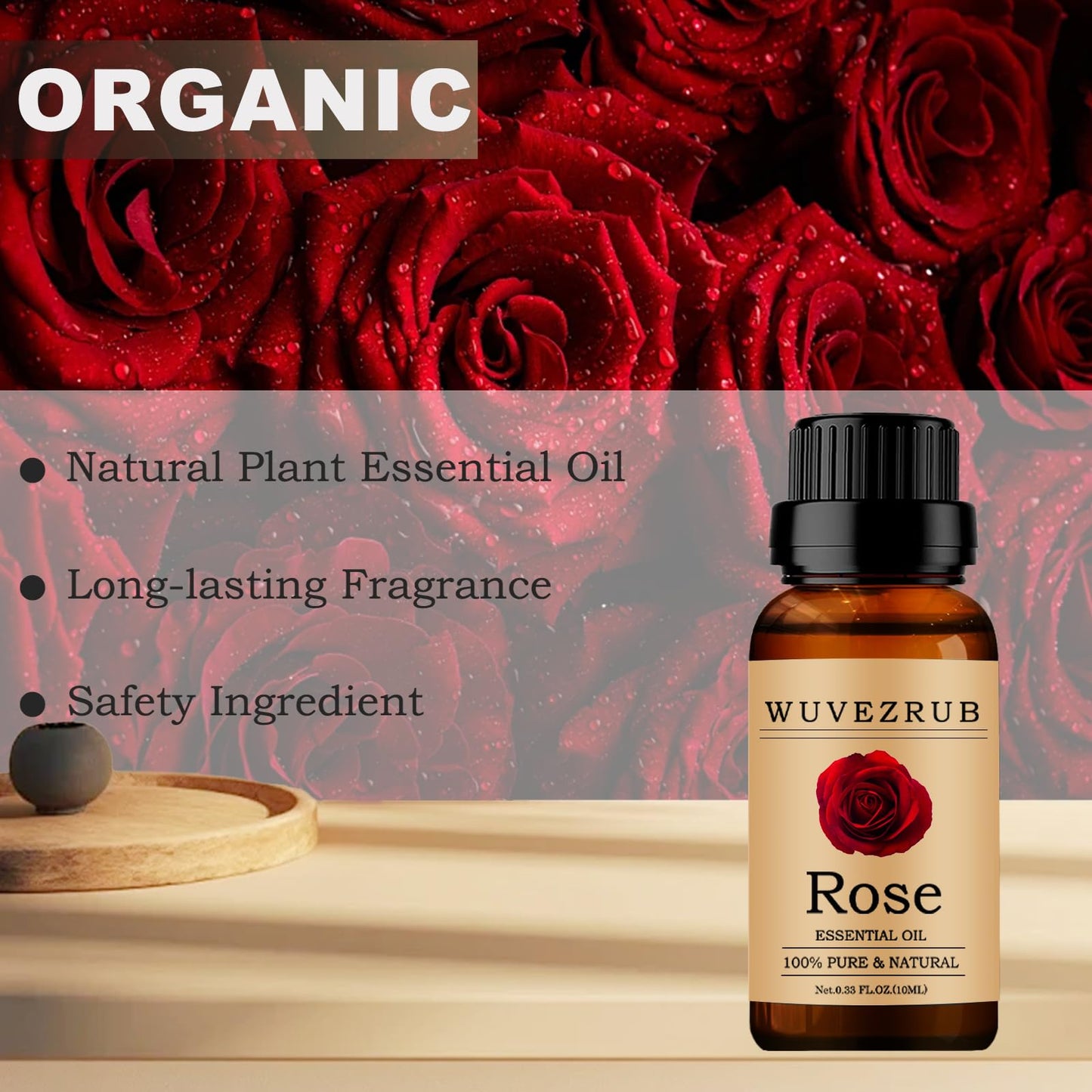 Wuvezrub Rose Essential Oils 10ML, 100% Pure and Natural Essential Oil for Aromatherapy Diffuser - 0.33 Fl Oz/Rose