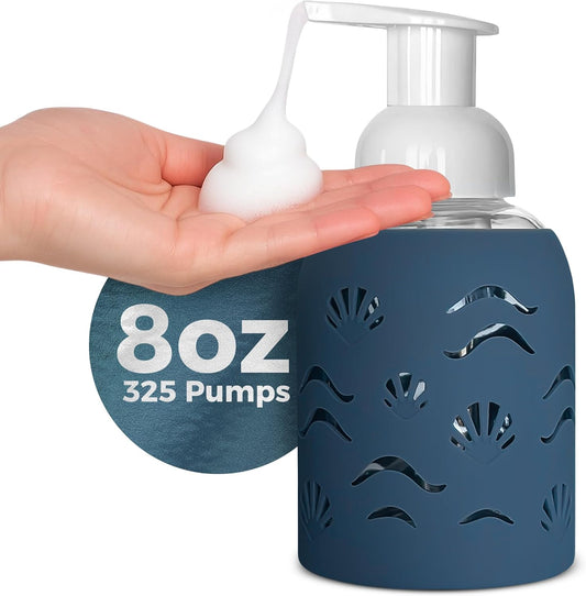 Foaming Glass Hand Soap Dispenser with Pump - Refillable Kitchen & Bathroom Soap Bottle | Storm Blue 8oz, Non-Slip Silicone Sleeve