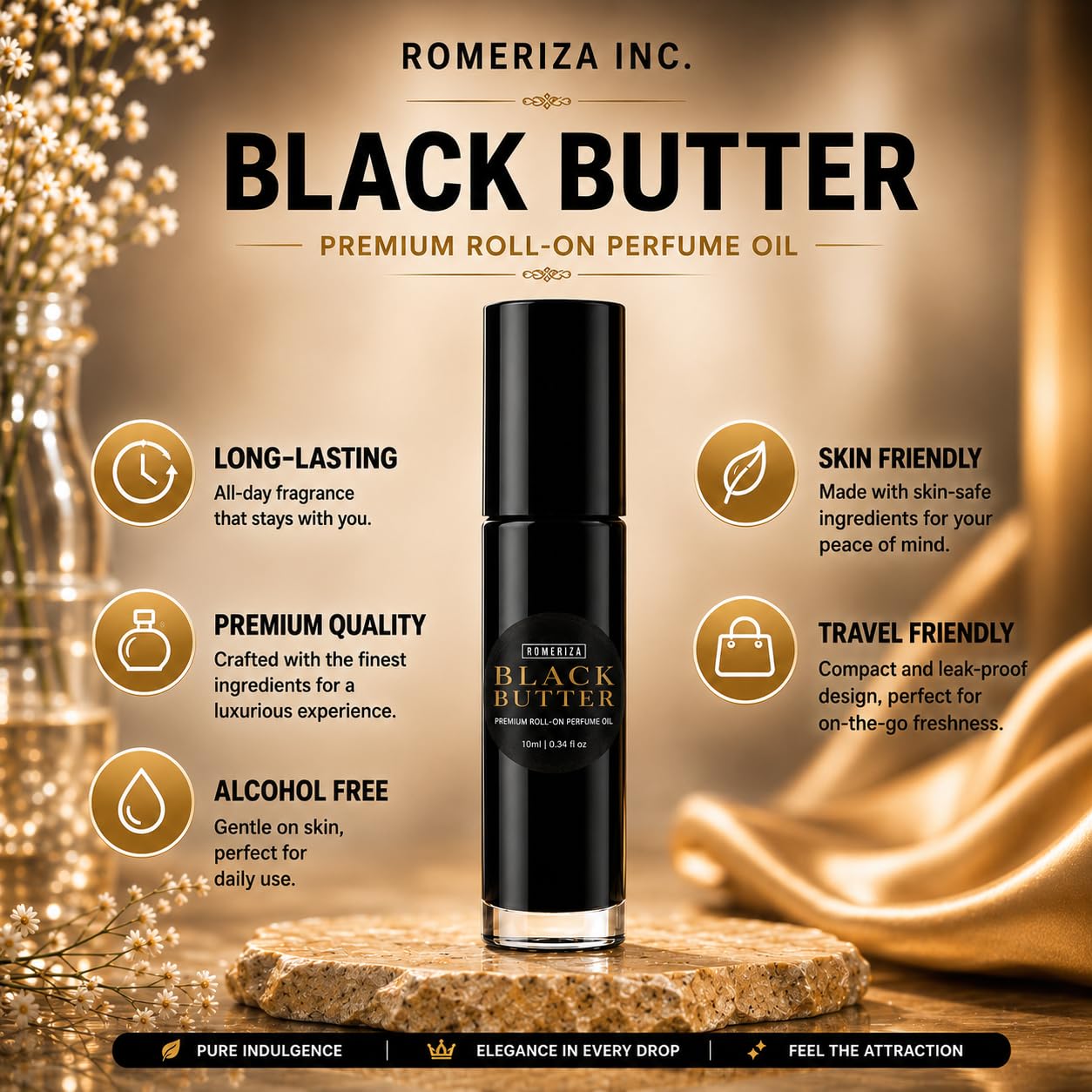 ROMERIZA INC. 10 ml Black Butter Scented Fragrance – Travel Size Perfume Oil, Fragrance For Skin, Unisex Roll-on Perfume Oil, Lasting Natural Scented Body Oil For Men And Women, Travel Size