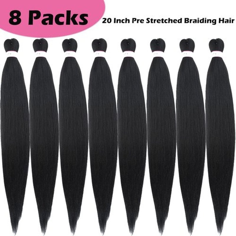 Prestretched Braiding Hair 20 Inch 8 Packs Black Braiding Hair Pre Stretched For Women Knotless Box Braids Hair Extension Yaki Texture Hot Water Setting Variety Styles Braiding Hair