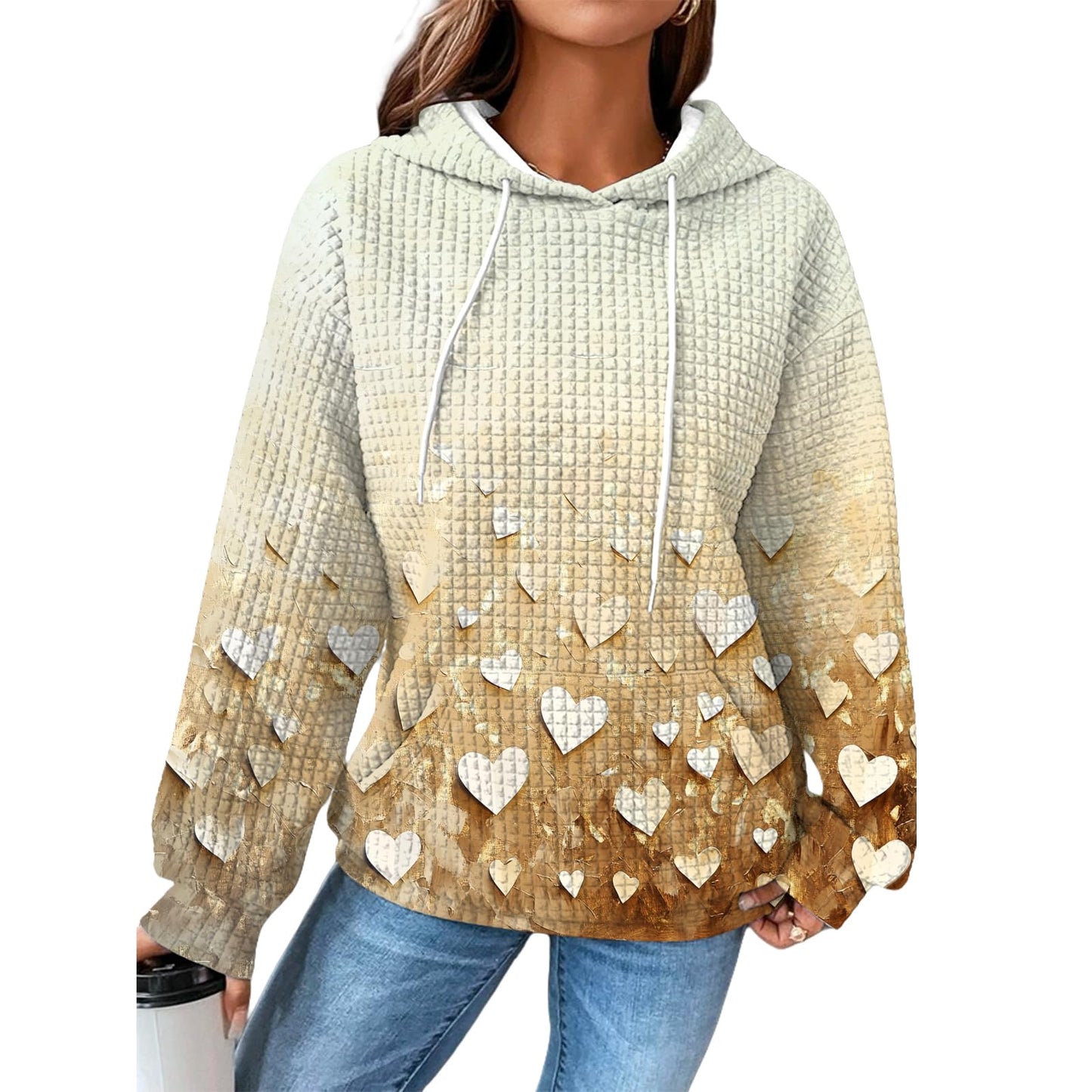 Valentine Sweater Women Waffle Pattern Heart Hoodie Caridigan Plus Size Valentines Day Hooded Sweatshirt Long Sleeve Pullover Oversized Heart Print Hoodie Casual Graphic Tops with Pockets,M