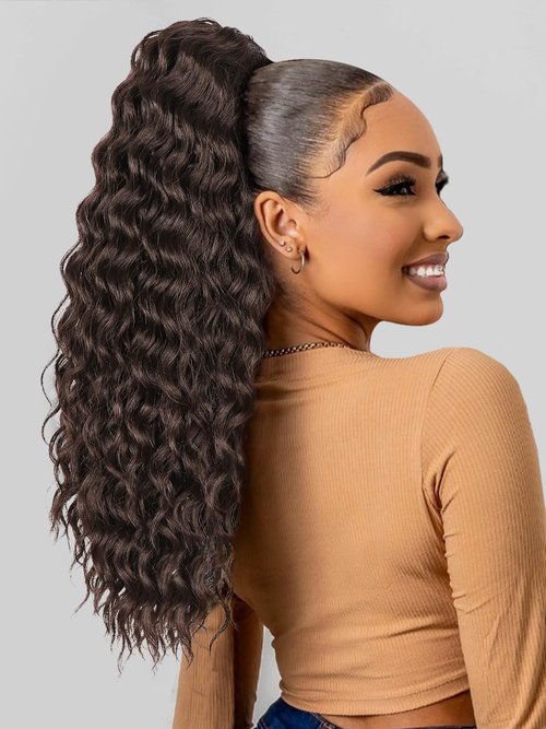 SUZYACCKR Wavy Curly Ponytail Extension, Dark Brown Short Soft Natural Synthetic Hairpiece Thick Drawstring Ponytail for Black Women For Daily Use（22 inch）