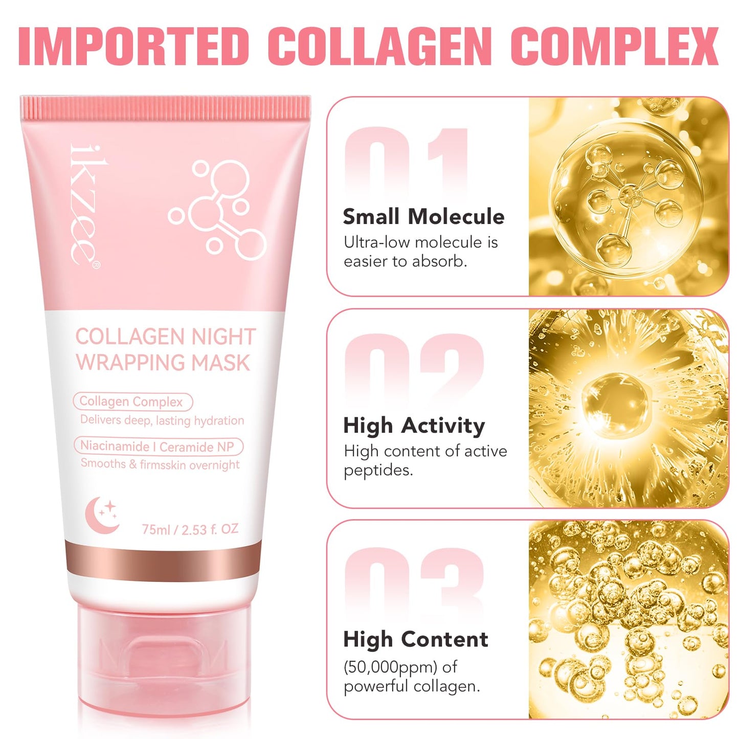 IKZEE Collagen Night Wrapping Mask, Overnight Peel Off Facial Mask with Hydrolyzed Collagen for Hydrated, Plumped & Smooth Skin