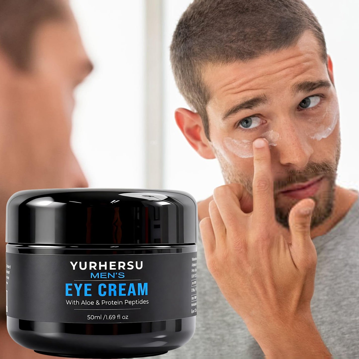 YURHERSU Moisturizing Men's Eye Repair Cream with Aloe & Protein Peptides, Hydrating Under Eye Cream to Reduce Puffiness, Dark Circles, Crows Feet and Bags, Daily Skin Care Treatment Cream, 1.69 oz