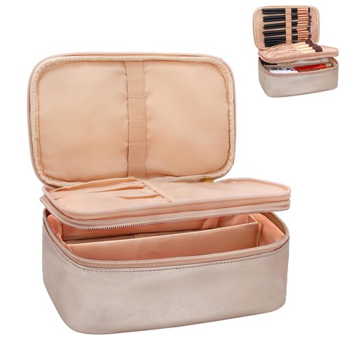 Relavel Travel Makeup Bag Multifunctional Make Up Bags with Zipper Pouch Large Compact Makeup Bag Organizer for Women Girls Cosmetics Toiletry Brushes Storage (Rose Gold)