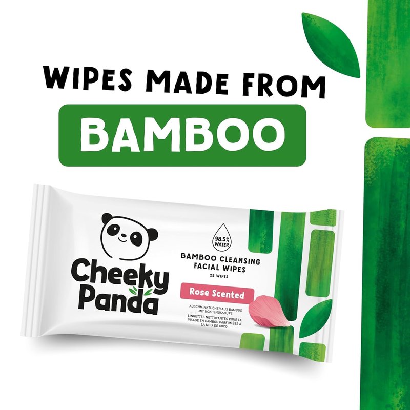 Cheeky Panda Face Cleansing Wipes - Biodegradable Rose Scented Makeup Remover | 24 Packs of 25 Flushable Wipes