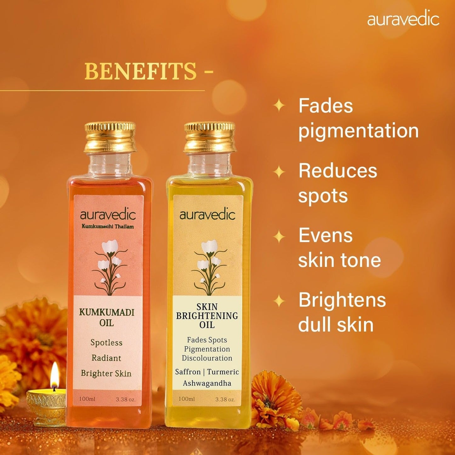 Auravedic Kumkumadi Oil & Skin Oil Combo | Saffron, Turmeric and Winter Cherry Infused Face Moisturizer | Hydrating & Moisturizing | for All Skin Types | 3.38Fl Oz (100ml)
