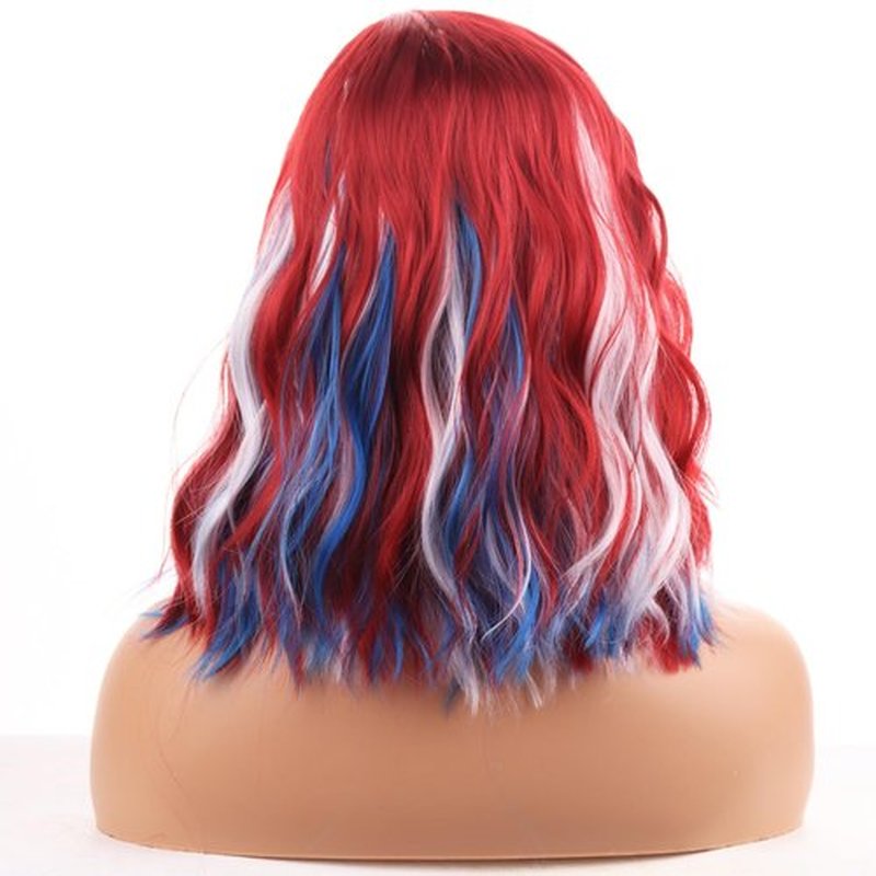 BERON Red White and Blue Wigs for Women Fourth of July Costume Cosplay Wig Short Curly Wavy Multi-color Girls Hair Wigs